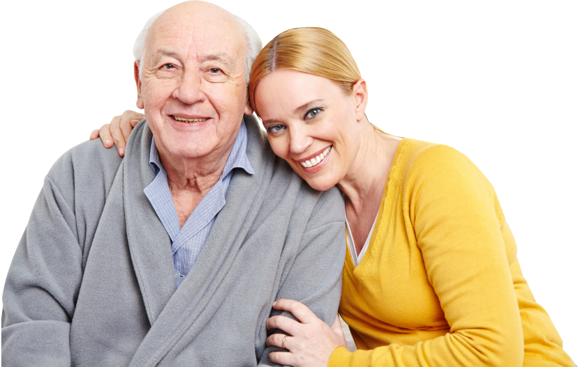a caregiver and senior man smiling