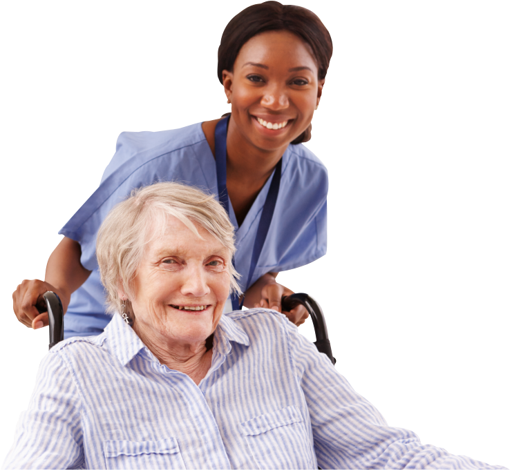 a caregiver and a senior woman in wheelchair smiling